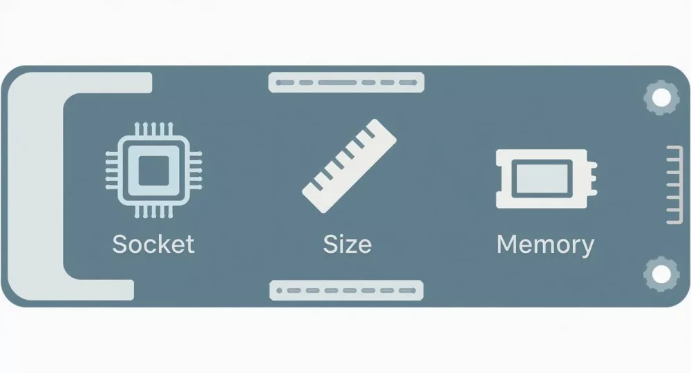 Diagramm der Mainboard-Komponenten mit Darstellung von CPU-Sockel, Formfaktorgröße und Speichersteckplätzen