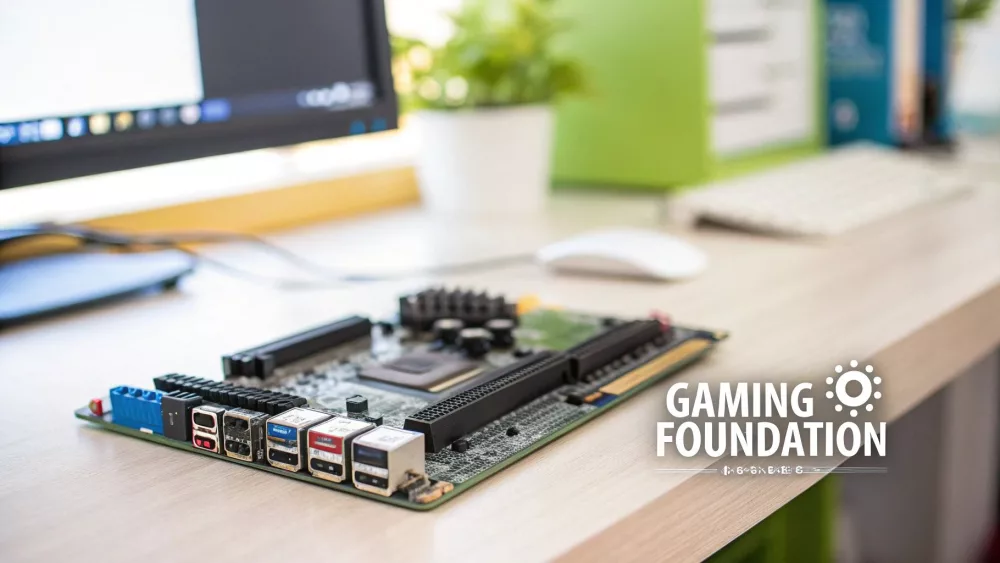 Computer-Mainboard auf einem Holzschreibtisch mit Laptop und Büroartikeln im Hintergrund