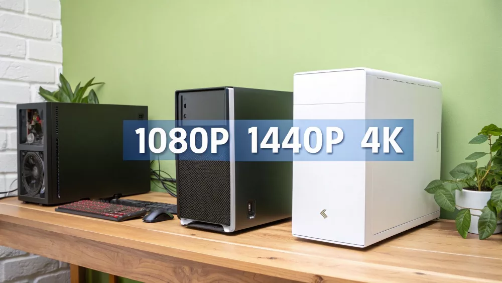 Drei Gaming-PC-Tower, die 1080p-, 1440p- und 4K-Auflösungsfähigkeit zeigen, auf einem Holzschreibtisch