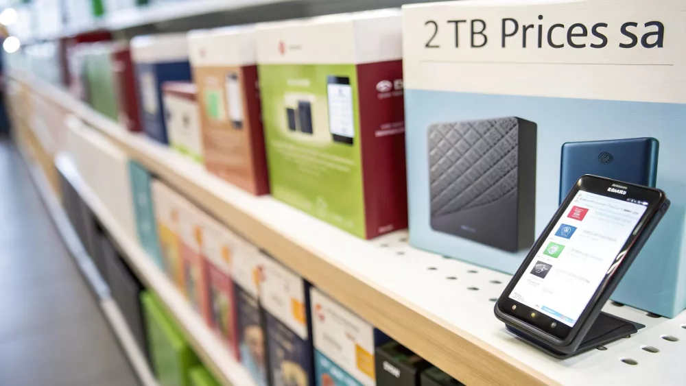 Ein Verkaufsregal mit verpackten externen 2-TB-Festplatten und ein Smartphone, das Produktinformationen anzeigt.