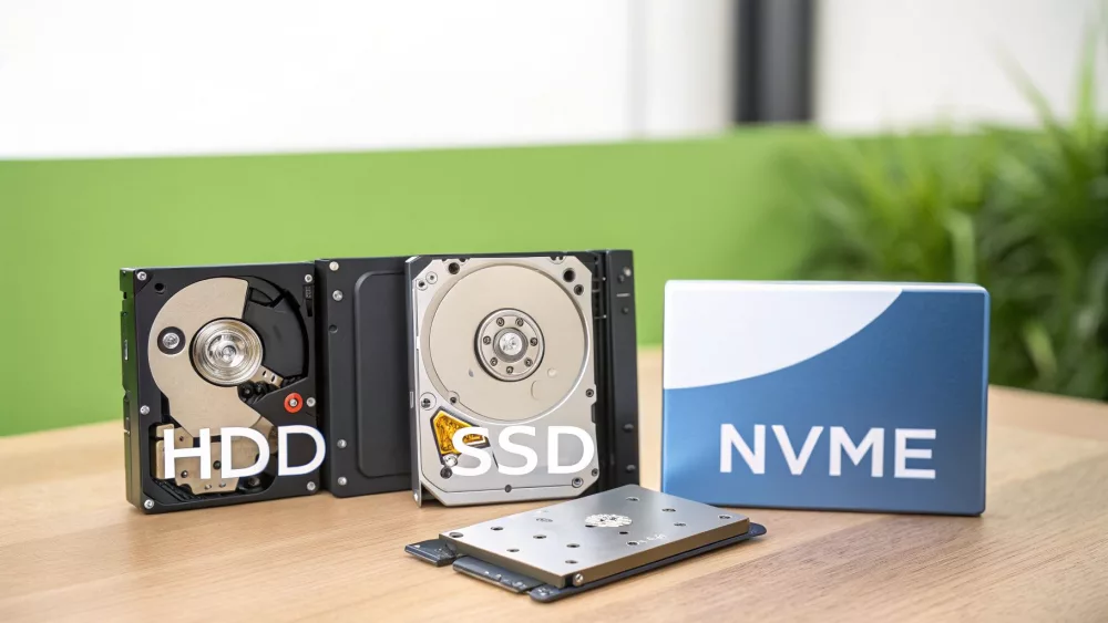Eine Übersicht verschiedener Datenspeichergeräte, darunter eine geöffnete HDD, eine geöffnete SSD und eine NVMe-Verpackung.
