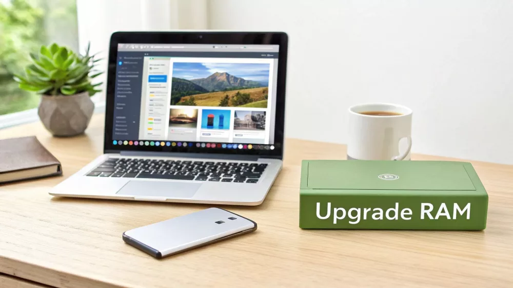 Notebook, Smartphone, Kaffee und eine grüne Box mit der Aufschrift „Upgrade RAM“ auf einem hellen Holzschreibtisch.