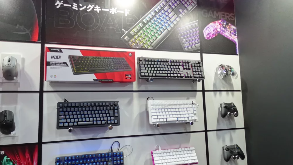 Gaming keyboards on a store display wall