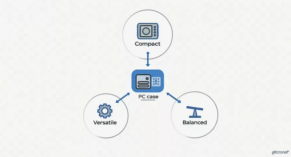Diagramm mit PC-Gehäuse-Merkmalen: kompaktes Design, vielseitige Funktionalität und ausgewogene Leistungsfähigkeit