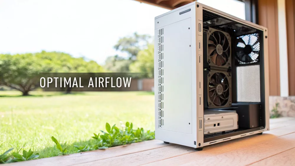 Weißes Micro-ATX-Gehäuse mit Glas-Seitenteil, das die internen Kühllüfter und ein optimales Luftstromdesign zeigt