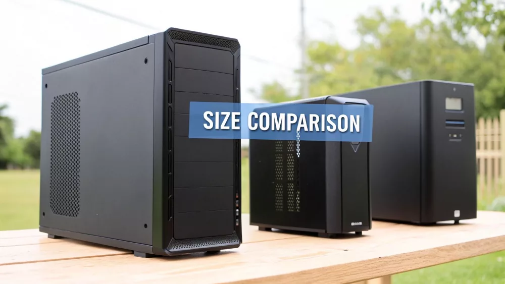 Drei PC-Gehäuse im Freien zum Größenvergleich verschiedener PC-Gehäuse-Formfaktoren